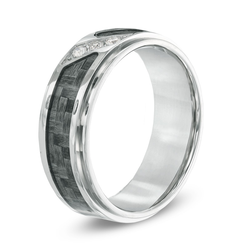 Men's 1/10 CT. T.W. Diamond Three Stone Grey Carbon Fiber Comfort Fit Stainless Steel Wedding Band