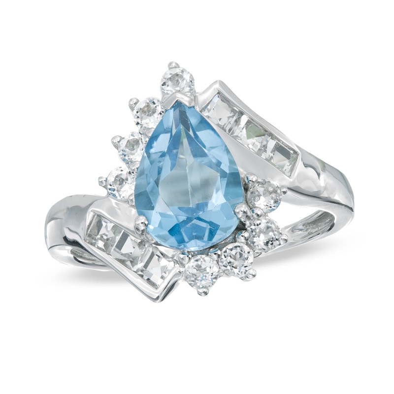 Pear-Shaped Blue Topaz Bypass Ring in 10K White Gold with White Topaz Accents