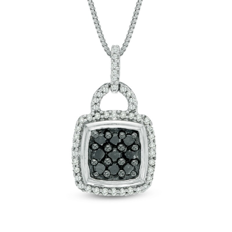 Main Image 1 of 1/3 CT. T.W. Enhanced Black and White Diamond Square Cluster Frame Buckle Drop Pendant in Sterling Silver