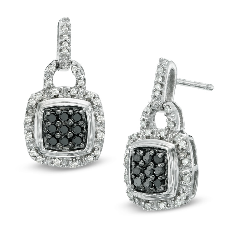 1/3 CT. T.W. Enhanced Black and White Diamond Square Cluster Frame Buckle Drop Earrings in Sterling Silver