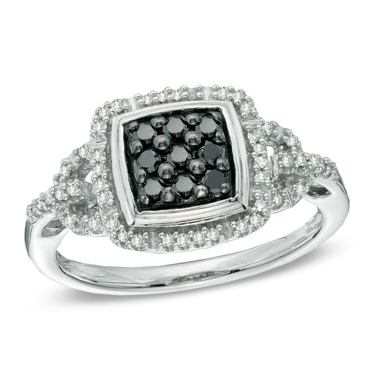 1/3 CT. T.W. Enhanced Black and White Diamond Square Cluster Frame Buckle Ring in Sterling Silver