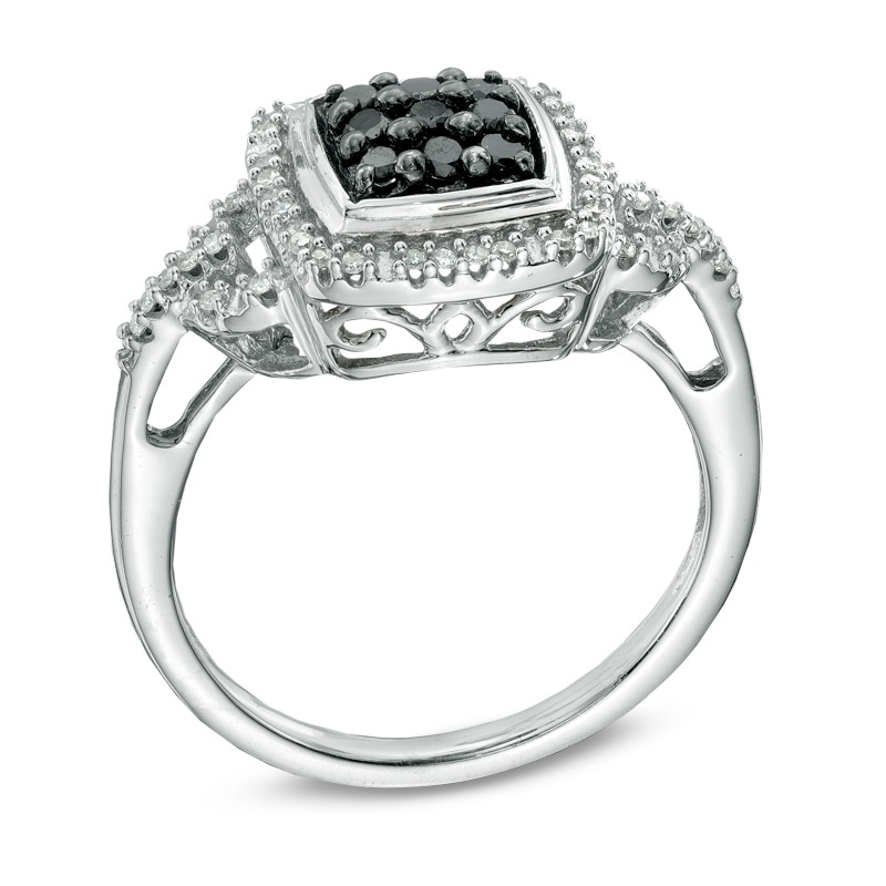 1/3 CT. T.W. Enhanced Black and White Diamond Square Cluster Frame Buckle Ring in Sterling Silver
