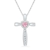 Thumbnail Image 0 of Heart-Shaped Lab-Created Pink Sapphire and 1/15 CT. T.W. Diamond Cross Pendant in Sterling Silver (6 Characters)