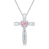 Thumbnail Image 1 of Heart-Shaped Lab-Created Pink Sapphire and 1/15 CT. T.W. Diamond Cross Pendant in Sterling Silver (6 Characters)