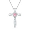 Heart-Shaped Lab-Created Pink Sapphire And 1/15 CT. T.W. Diamond Cross Pendant In Sterling Silver (6 Characters)