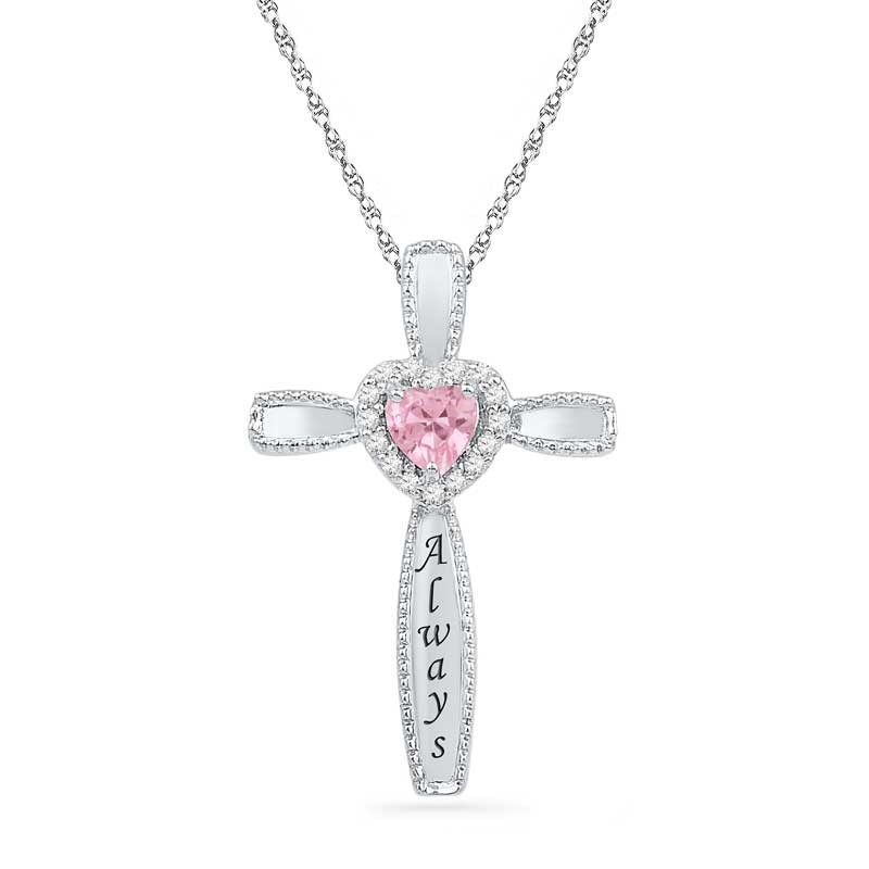 Heart-Shaped Lab-Created Pink Sapphire and 1/15 CT. T.W. Diamond Cross Pendant in Sterling Silver (6 Characters)