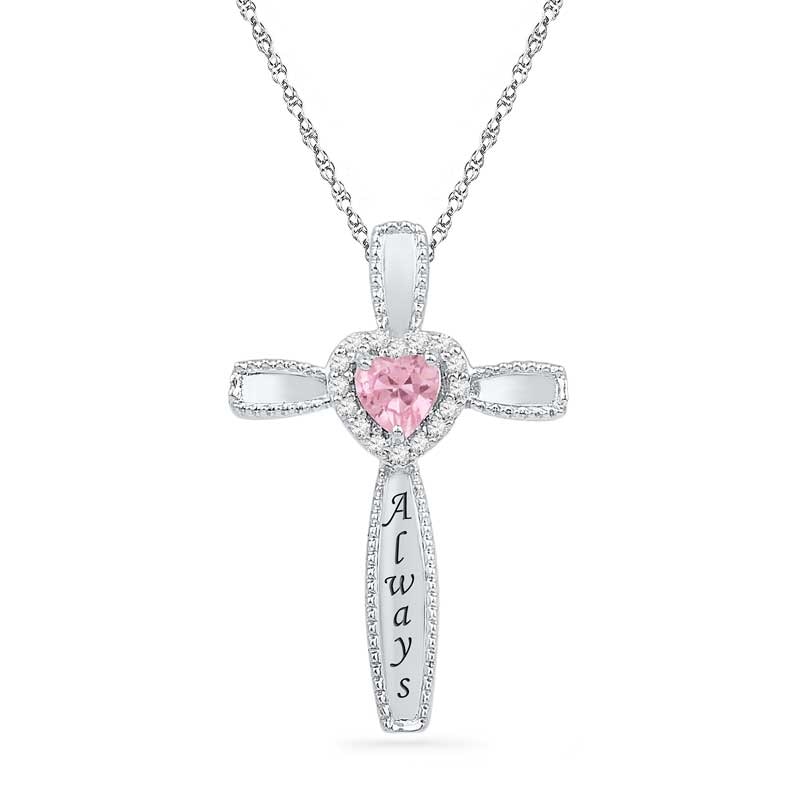 Main Image 1 of Heart-Shaped Lab-Created Pink Sapphire and 1/15 CT. T.W. Diamond Cross Pendant in Sterling Silver (6 Characters)