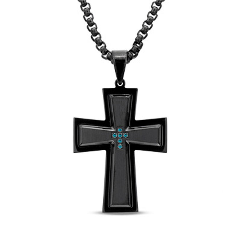 Main Image 1 of Men's Enhanced Blue Diamond Accent Cross Pendant in Black Stainless Steel - 24"