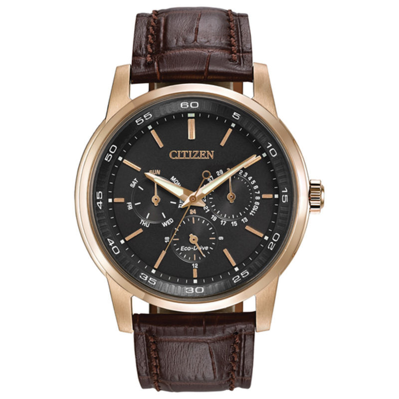 Men's Citizen Eco-Drive® Rose-Tone Strap Watch with Brown Dial