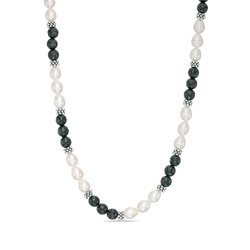 8.0 - 9.0mm Cultured Freshwater Pearl and Onyx Strand Necklace in Sterling Silver