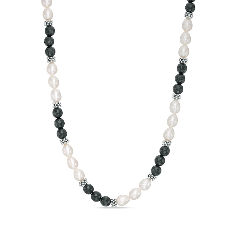 Main Image 1 of 8.0-9.0mm Freshwater Cultured Pearl and Onyx Strand Necklace in Sterling Silver