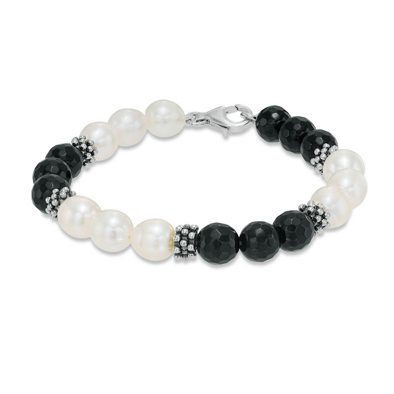 Main Image 1 of 8.0-9.0mm Freshwater Cultured Pearl and Onyx Bracelet in Sterling Silver-7.5"