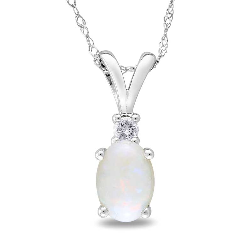 Oval Opal and Diamond Accent Pendant in 10K White Gold - 17"