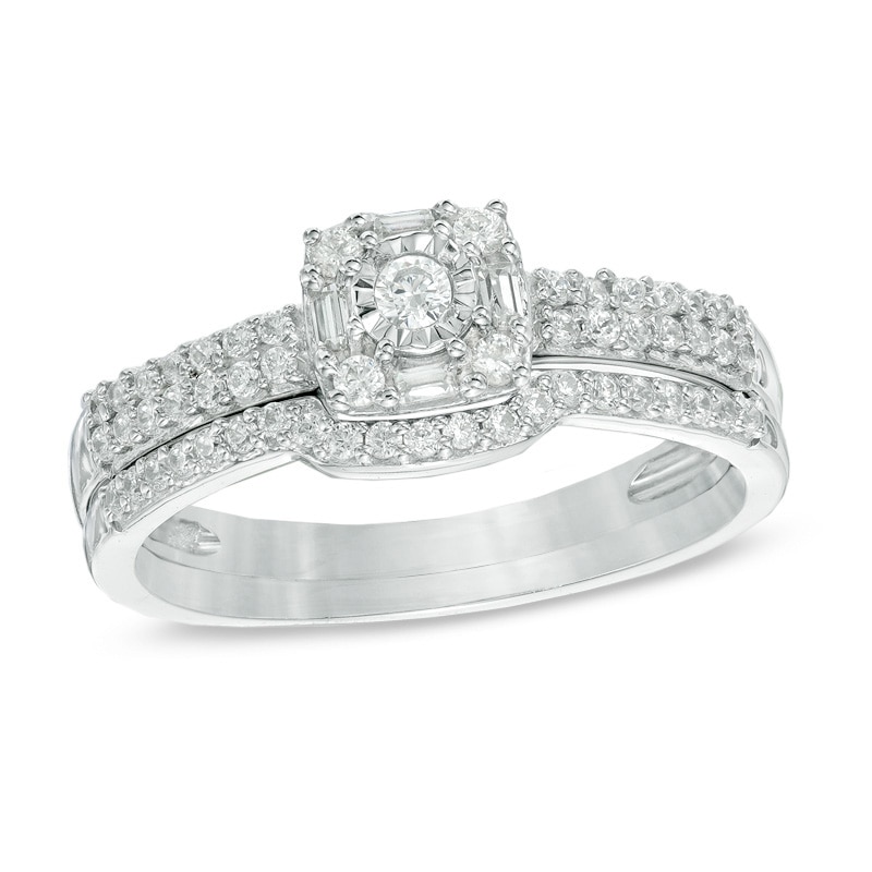 Main Image 1 of 1/3 CT. T.W. Diamond Square Frame Bridal Set in 10K White Gold