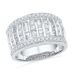 1 CT. T.W. Baguette and Round Diamond Multi-Row Band in 10K White Gold