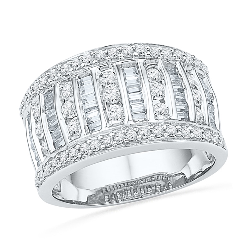 1 CT. T.W. Baguette and Round Diamond Multi-Row Band in 10K White Gold