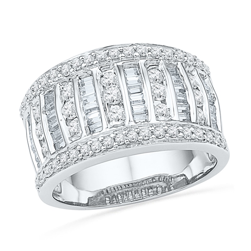 Main Image 1 of 1 CT. T.W. Baguette and Round Diamond Multi-Row Band in 10K White Gold