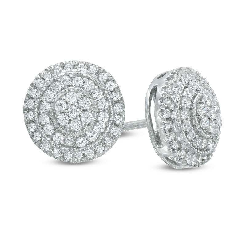 1/2 CT. T.W. Multi-Diamond Layered Circle Stud Earrings in 10K White Gold