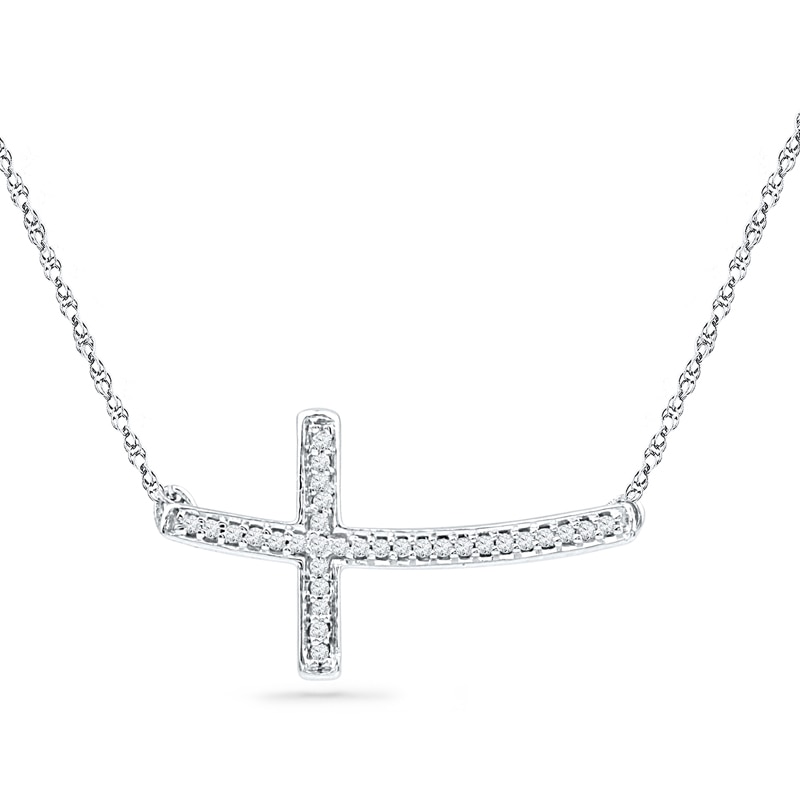 Main Image 1 of 1/10 CT. T.W. Diamond Sideways Curved Cross Necklace in 10K White Gold