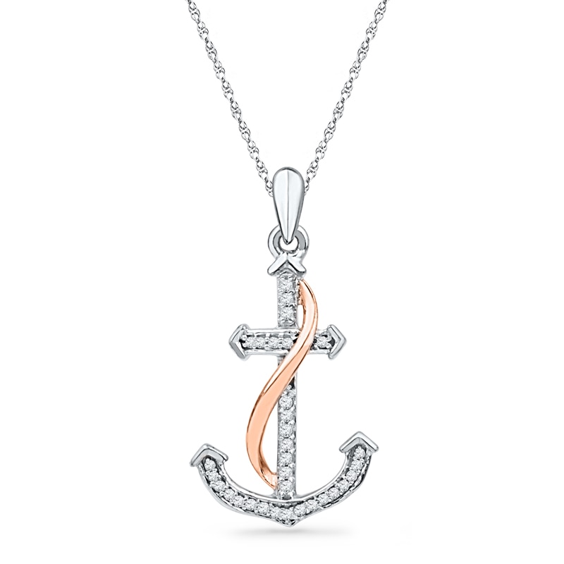 Main Image 1 of 1/10 CT. T.W. Diamond Anchor Pendant in Sterling Silver and 10K Rose Gold