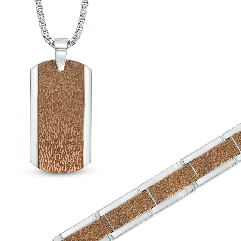Men's Textured Necklace and Bracelet Set in Two-Tone Stainless Steel - 24"
