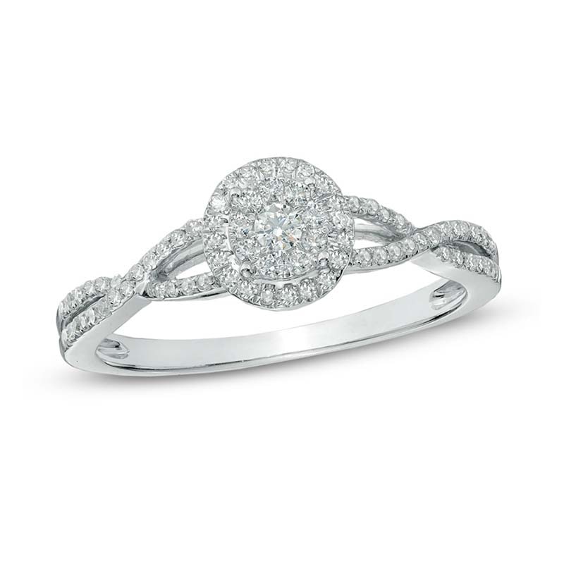 Main Image 1 of 1/4 CT. T.W. Multi-Diamond Frame Twist Shank Promise Ring in 10K White Gold