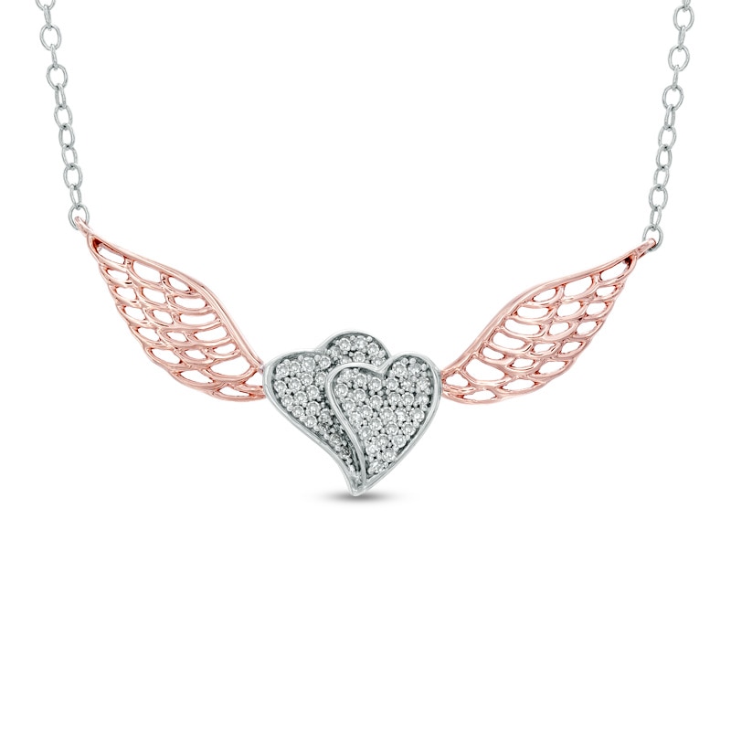 1/8 CT. T.W. Diamond Double Heart with Wings Necklace in Two-Tone Sterling Silver