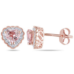 5.0mm Heart-Shaped Morganite and 1/10 CT. T.W. Diamond Frame Stud Earrings in 10K Rose Gold