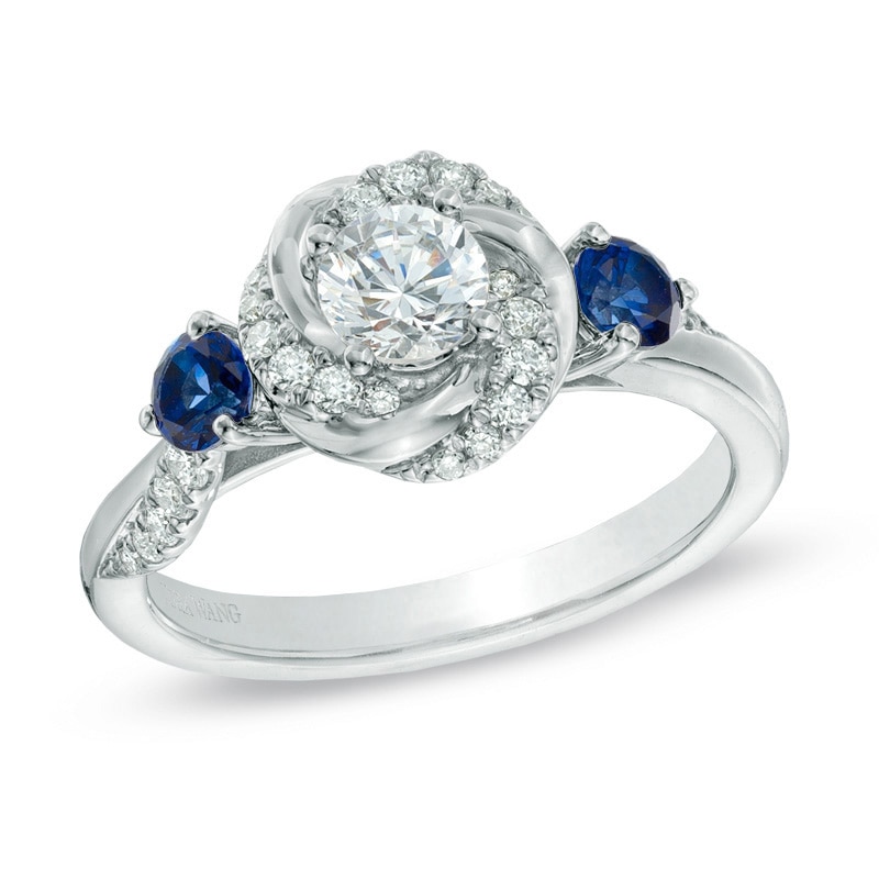 Vera Wang Love Collection 5/8 CT. T.W. Diamond and Blue Sapphire Swirl Engagement Ring in 14K White Gold