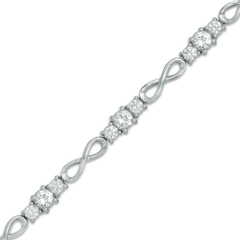 Main Image 1 of Lab-Created White Sapphire Infinity Link Three Stone Bracelet in Sterling Silver - 7.25"