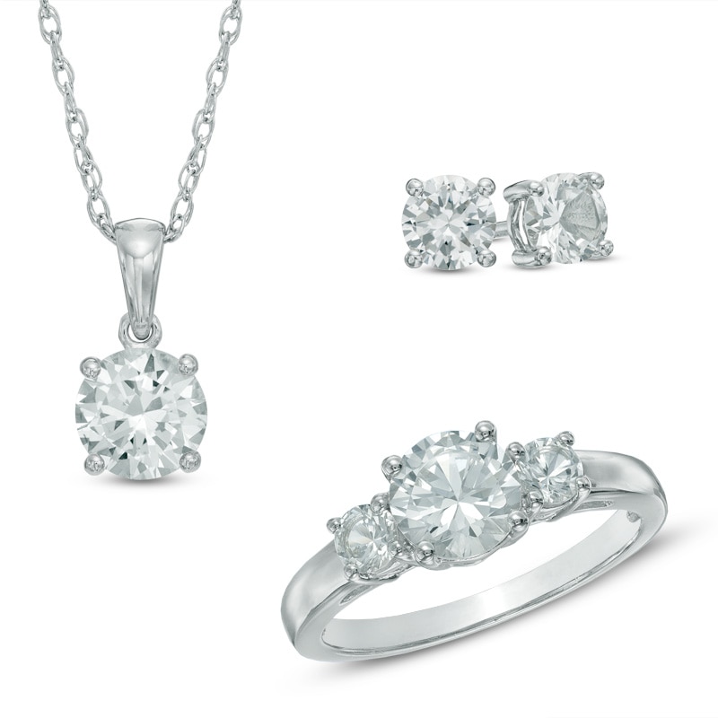 Main Image 1 of Lab-Created White Sapphire Pendant, Ring and Stud Earrings Set in Sterling Silver - Size 7