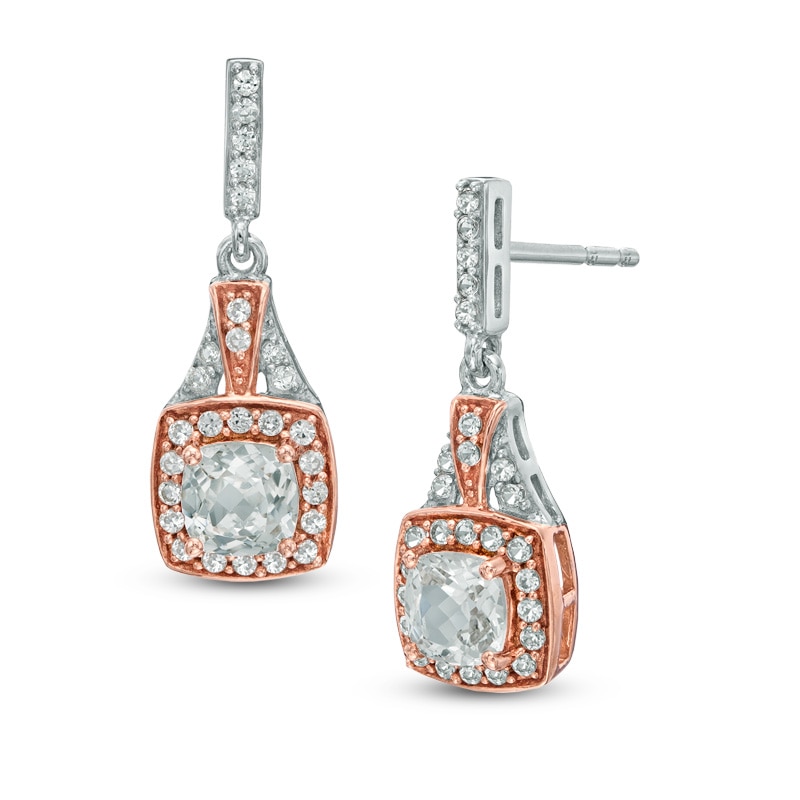 5.0mm Cushion-Cut Lab-Created White Sapphire Drop Earrings in Sterling Silver with 14K Rose Gold Plate