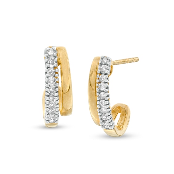 1/8 CT Blue and White Diamond Criss-Cross J-Hoop Earrings in 10K Solid Gold