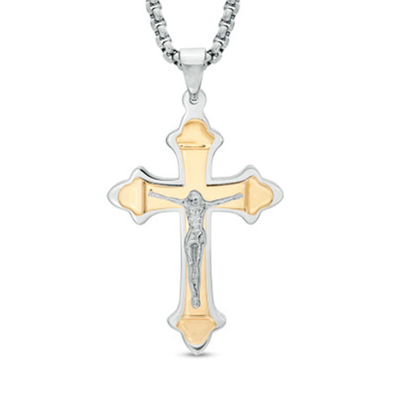 Men's Crucifix Pendant in Two-Tone Stainless Steel - 24"