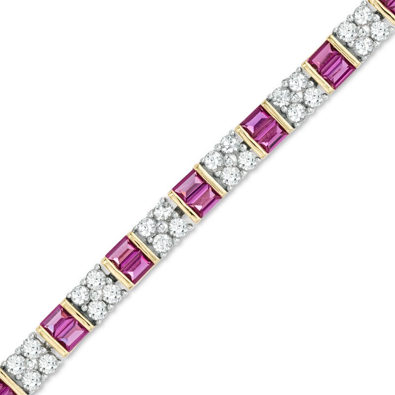 Main Image 1 of Baguette Lab-Created Ruby and White Sapphire Line Bracelet in Sterling Silver with 14K Gold Plate - 7.25"