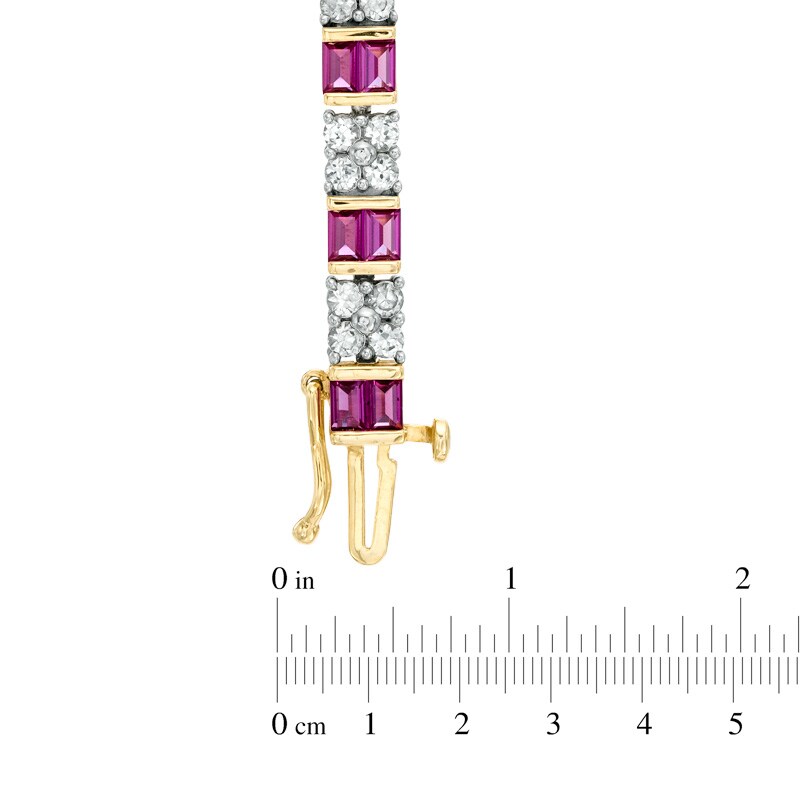Main Image 2 of Baguette Lab-Created Ruby and White Sapphire Line Bracelet in Sterling Silver with 14K Gold Plate - 7.25"