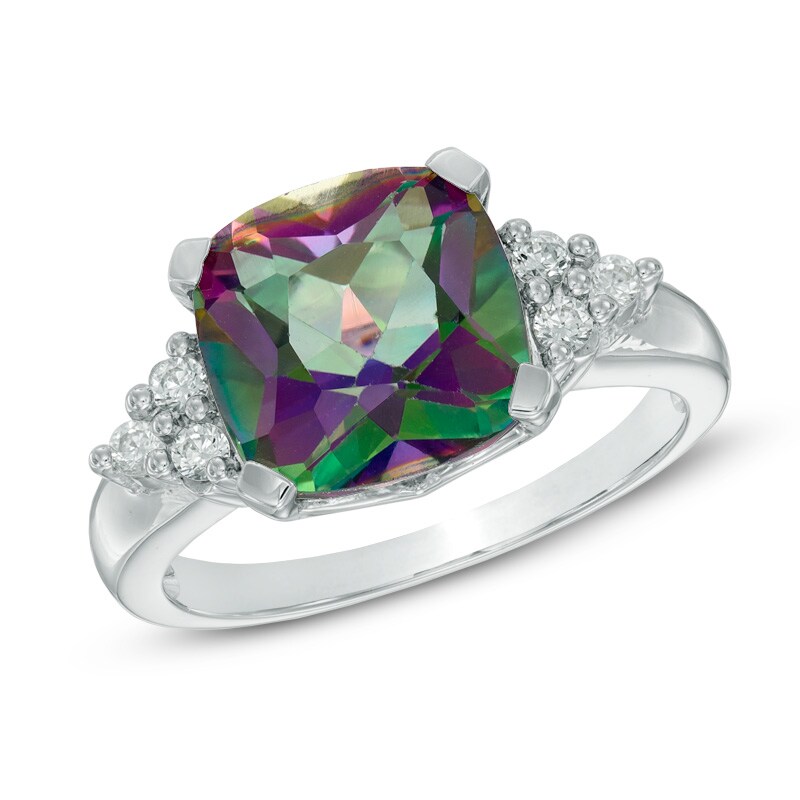 Main Image 1 of 10.0mm Cushion-Cut Mystic Fire® Topaz and Lab-Created White Sapphire Ring in Sterling Silver