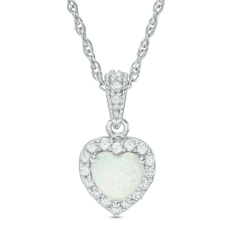 7.0mm Heart-Shaped Lab-Created Opal and White Sapphire Frame Pendant in ...
