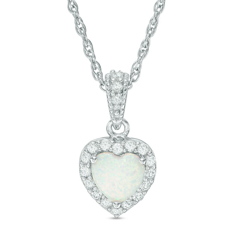Main Image 1 of 7.0mm Heart-Shaped Lab-Created Opal and White Sapphire Frame Pendant in Sterling Silver