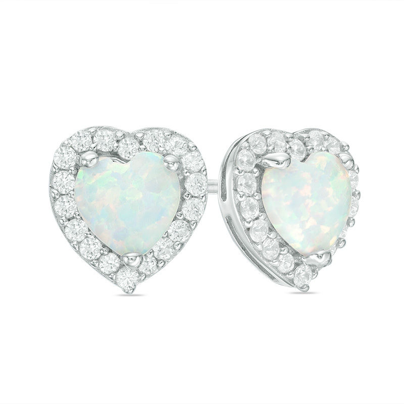 6.0mm Heart-Shaped Lab-Created Opal and White Sapphire Frame Stud Earrings in Sterling Silver