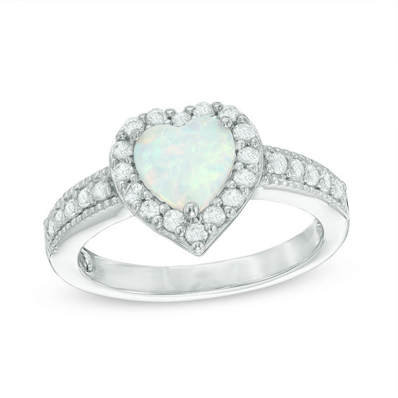 7.0mm Heart-Shaped Lab-Created Opal and White Sapphire Frame Ring in ...