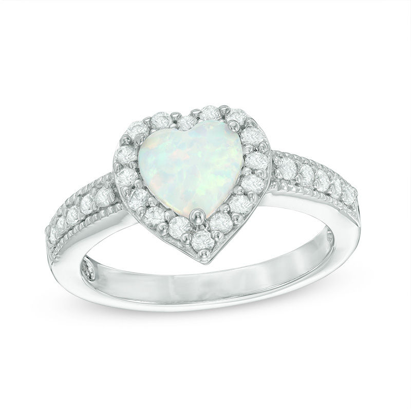 7.0mm Heart-Shaped Lab-Created Opal and White Sapphire Frame Ring in Sterling Silver