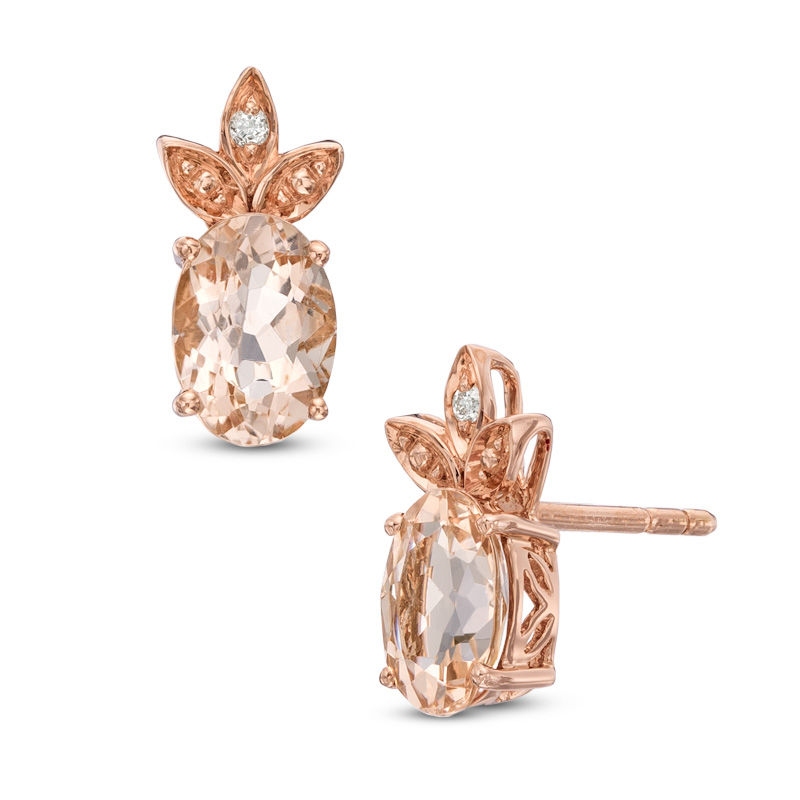Main Image 1 of Oval Morganite and Diamond Accent Leaf Stud Earrings in 10K Rose Gold
