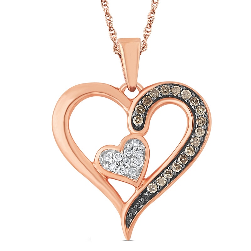 1/8 CT. T.W. Champagne and White Diamond Double Heart Pendant in 10K Rose Gold
