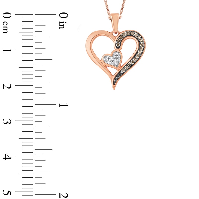 Main Image 2 of 1/8 CT. T.W. Champagne and White Diamond Double Heart Pendant in 10K Rose Gold