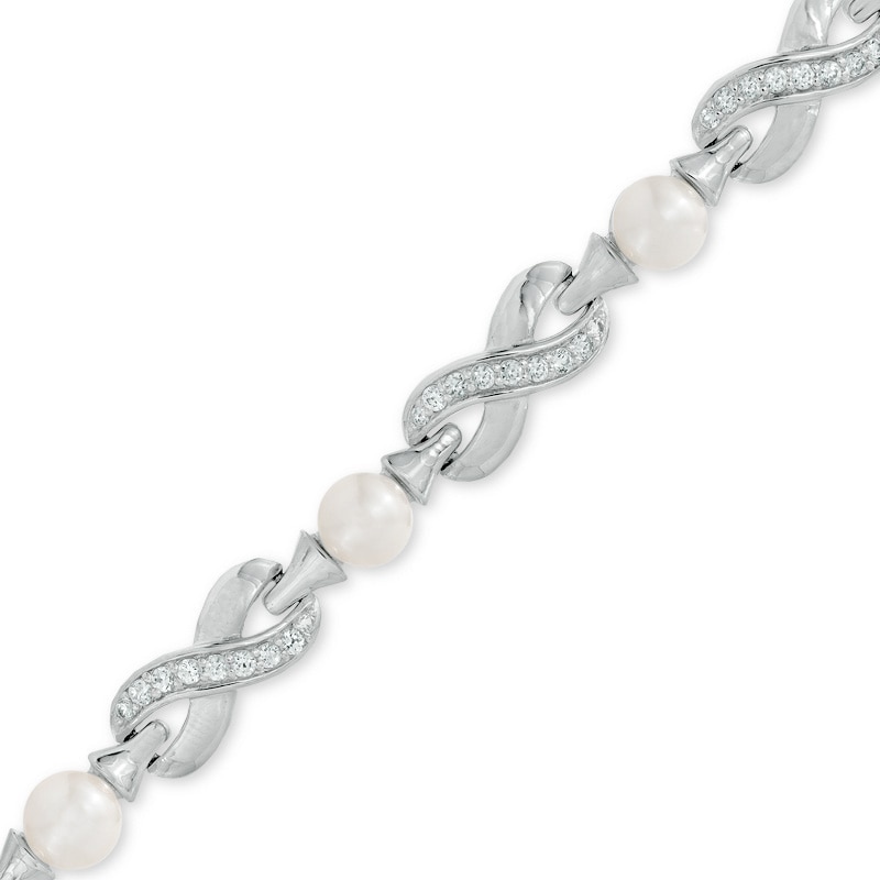 Main Image 1 of 5.5-6.0mm Freshwater Cultured Pearl and Lab-Created White Sapphire Infinity Link Bracelet in Sterling Silver-7.75"