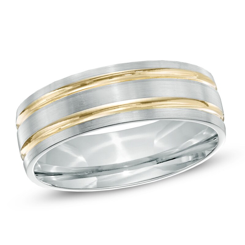 Men's 7.0mm Double Stripe Wedding Band in 14K Two-Tone Gold