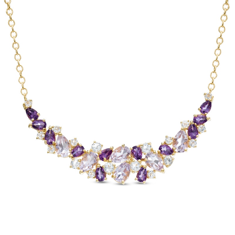 Rose de France Amethyst, Purple Amethyst and White Topaz Necklace in Sterling Silver with 14K Gold Plate - 17"