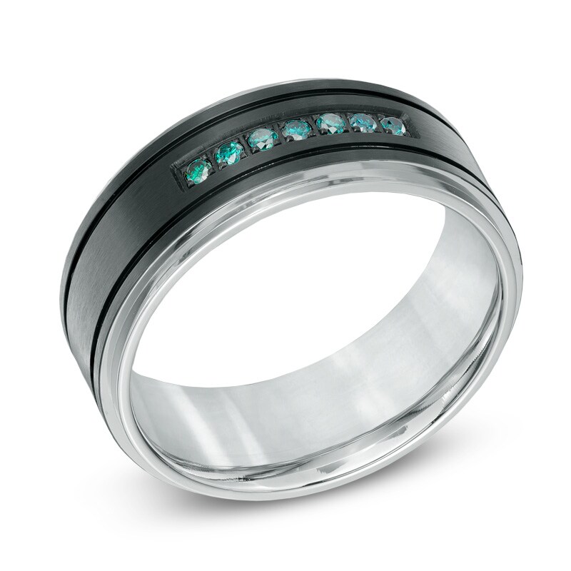 Main Image 2 of Men's 1/6 CT. T.W. Enhanced Blue Diamond Comfort-Fit Wedding Band in Two-Tone Stainless Steel