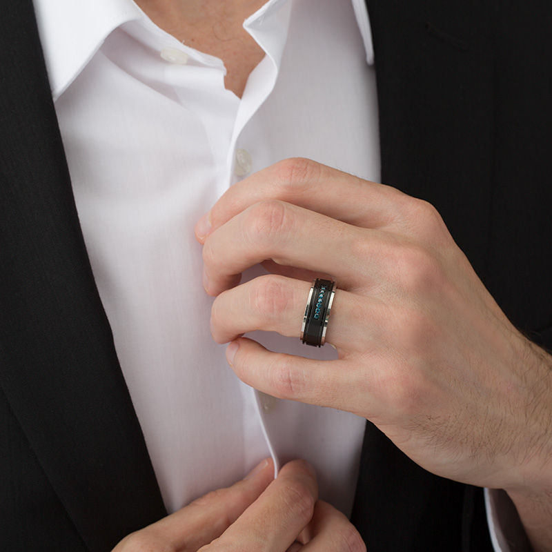 Main Image 3 of Men's 1/6 CT. T.W. Enhanced Blue Diamond Comfort-Fit Wedding Band in Two-Tone Stainless Steel